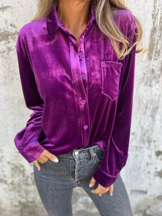 Damen Elegante Samtbluse mit klassischem Hemdkragen und langen Ärmeln EB