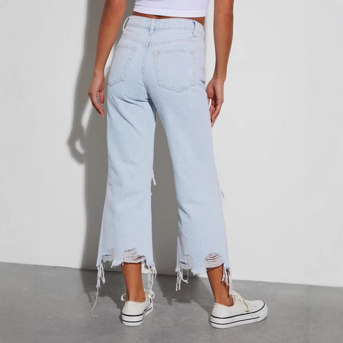 Damen Distressed Jeans mit weitem Bein und fransigem Saum EB