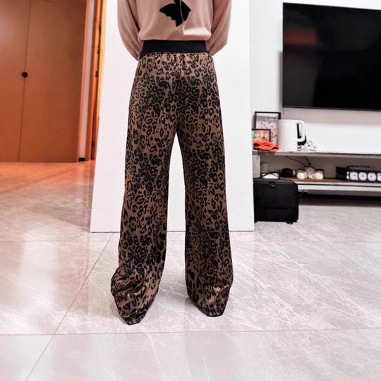 Damen Weit geschnittene Leinenhose mit Leopardenmuster EB