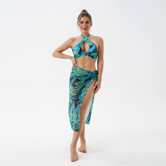 Damen Bikini-Set mit raffiniertem Wickelrock und tropischem Design EB
