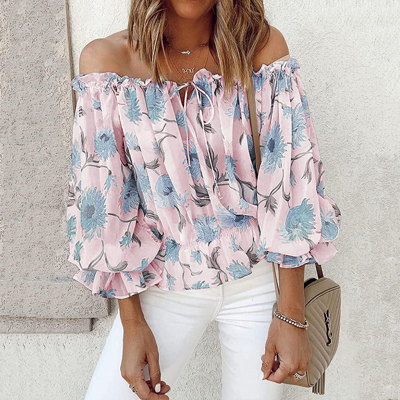 Damen Off-Shoulder Bluse mit floralen Mustern und Rüschendetails EB