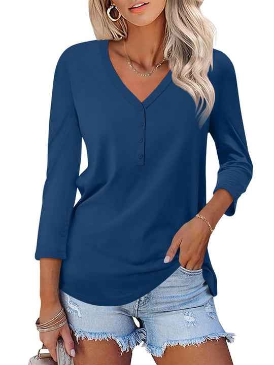 Damen Langarm T-Shirt mit Knopfleiste und V-Ausschnitt EB
