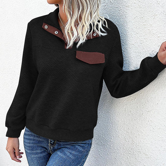 Damen Stehkragen Sweatshirt mit Knopfdetails und Brusttasche EB