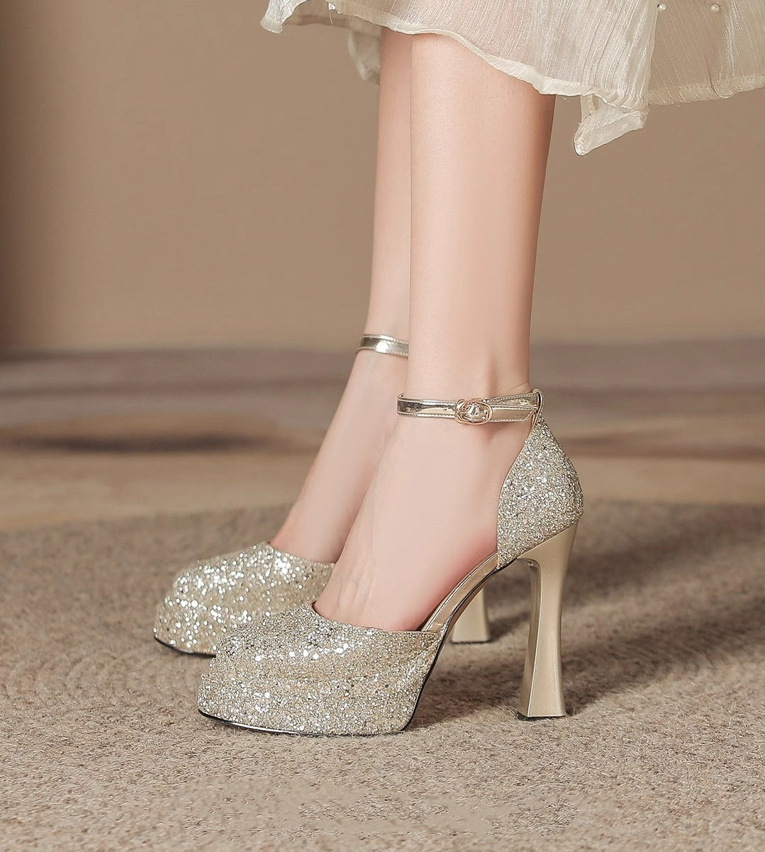 Damen Glitzernde Plateau-Pumps mit elegantem Knöchelriemen EB