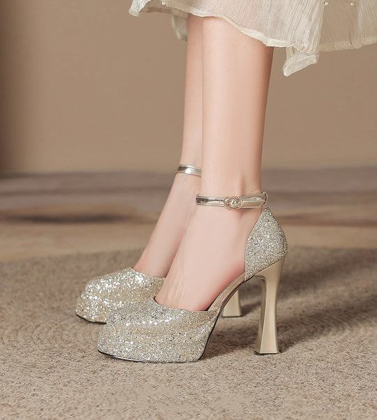 Damen Glitzernde Plateau-Pumps mit elegantem Knöchelriemen EB