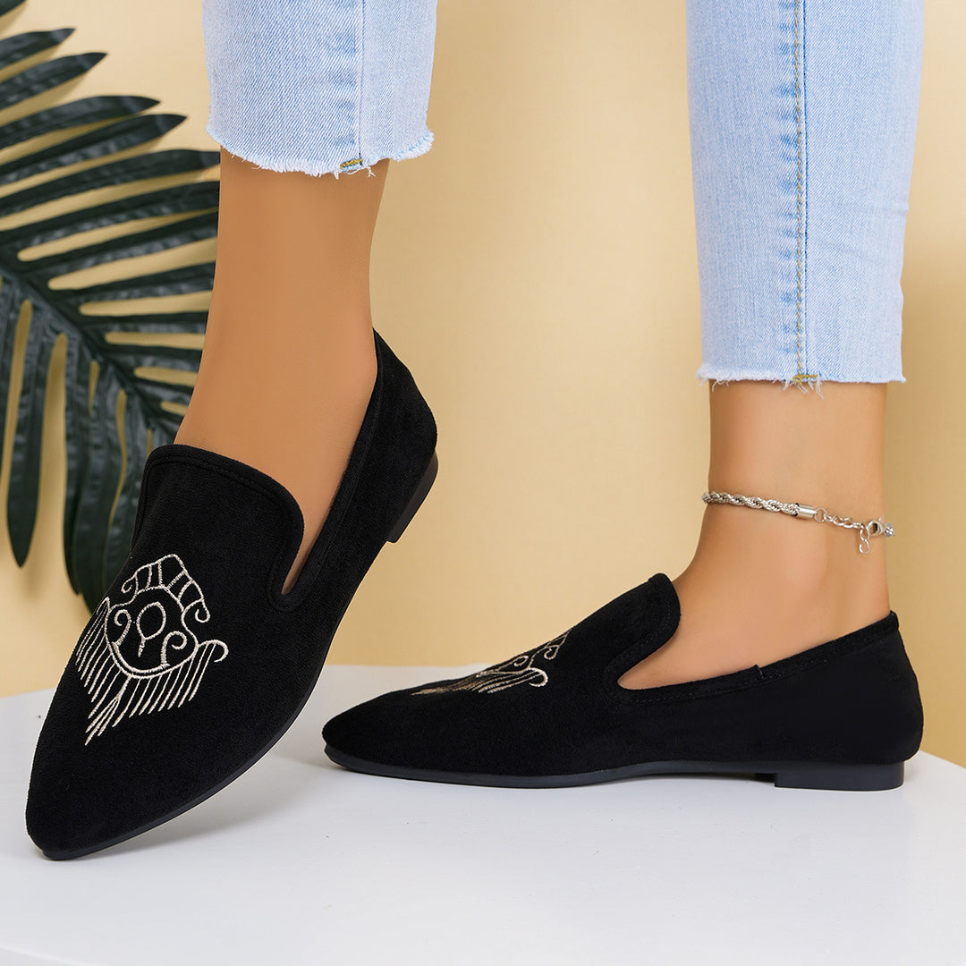Damen nan bestickte Wildlederoptik-Slipper mit spitzer Leistenform und flacher rutschfester Gummisohle EB
