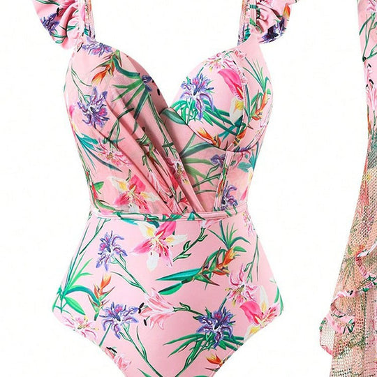 Damen Einteiler Badeanzug mit Rüschendetails und floralem Wickelrock EB