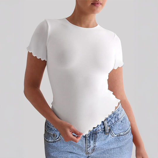 Damen Kurzarm-T-Shirt mit geschwungenen Säumen und figurbetonter Passform EB