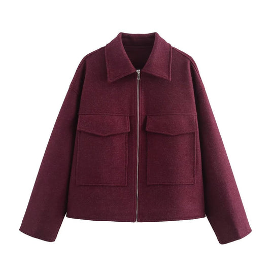 Damen lässige Jacke mit aufgesetzten Taschen und Reißverschluss EB