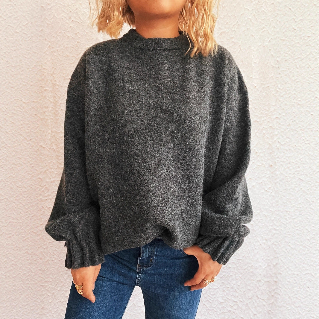 Damen lässiger Strickpullover mit weitem Rundhalsausschnitt und fluffiger Textur EB