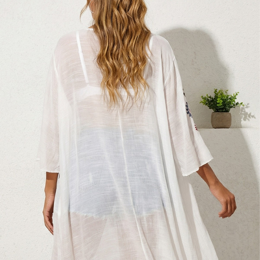 Damen luftiger und eleganter Strandkimono mit floralen Häkelakzenten EB