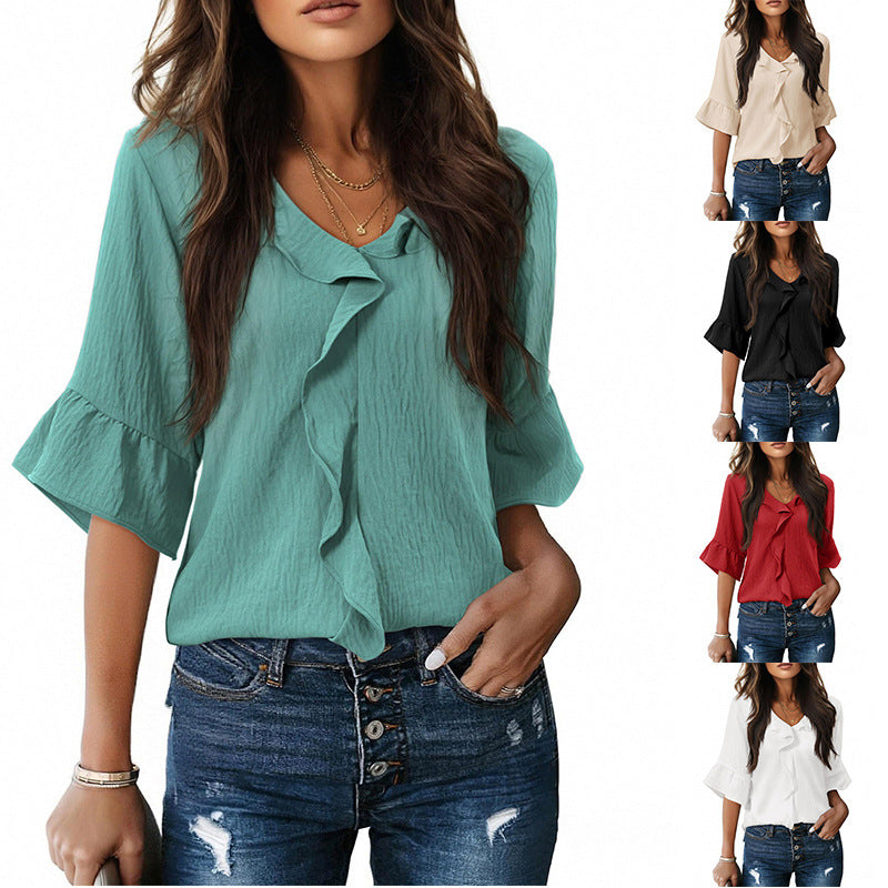 Damen Luftiges Blusenshirt mit Rüschendetails und V-Ausschnitt EB