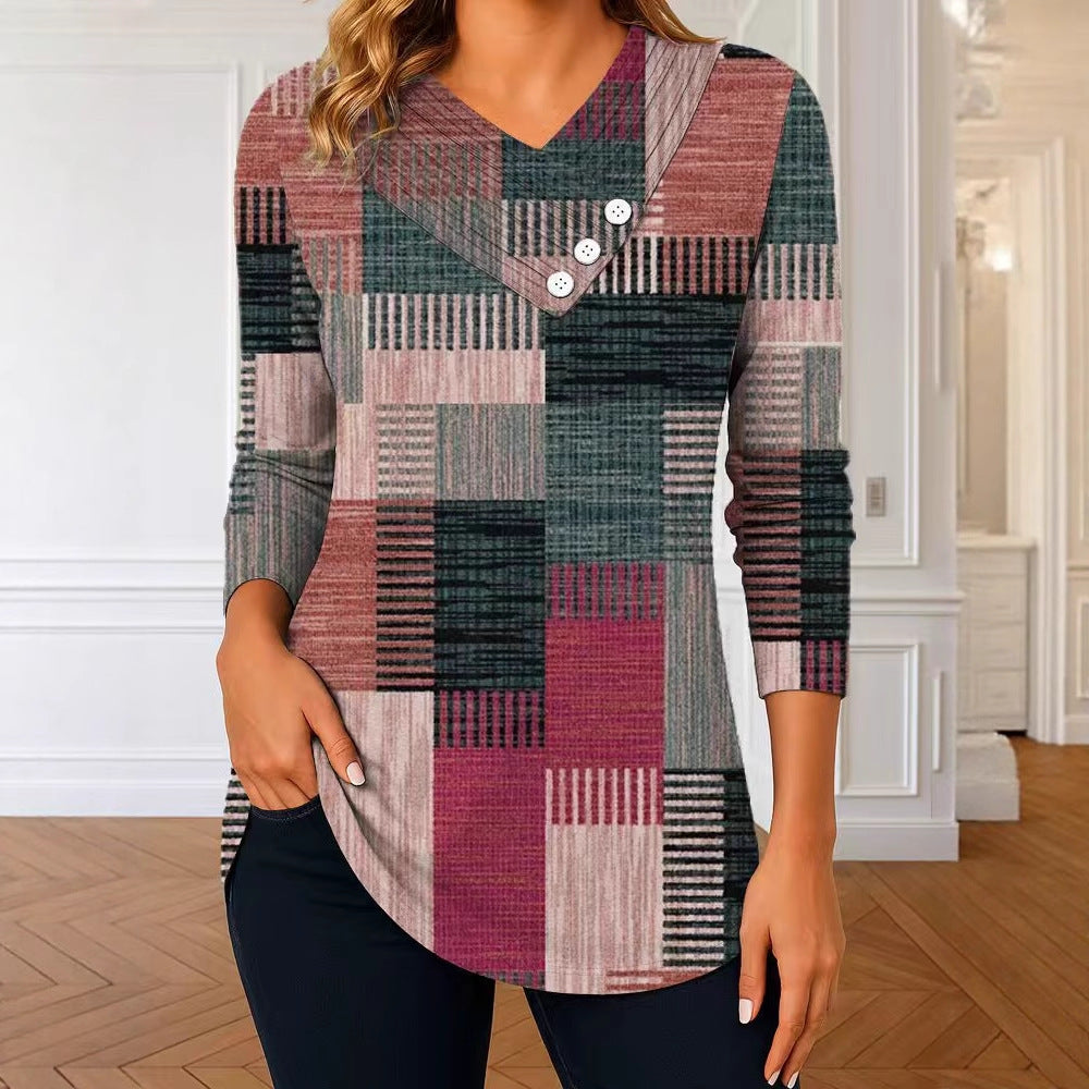 Damen Langarm-Tunika mit asymmetrischem V-Ausschnitt, Zierknopfleiste und kariertem Patchworkmuster EB