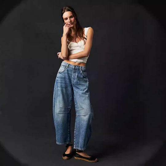 Damen Weite Denim-Hose mit hohem Bund und lässigen Details EB