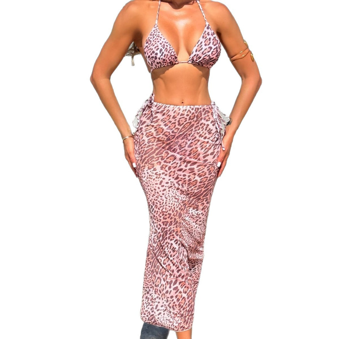 Damen Triangel-Bikini-Set mit transparentem Wickelrock und animalischem Print EB