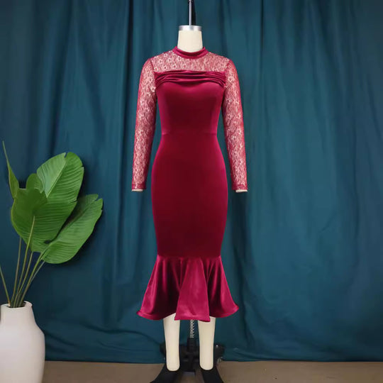 Damen Elegant Fit-and-Flare Kleid mit Spitzenärmeln EB