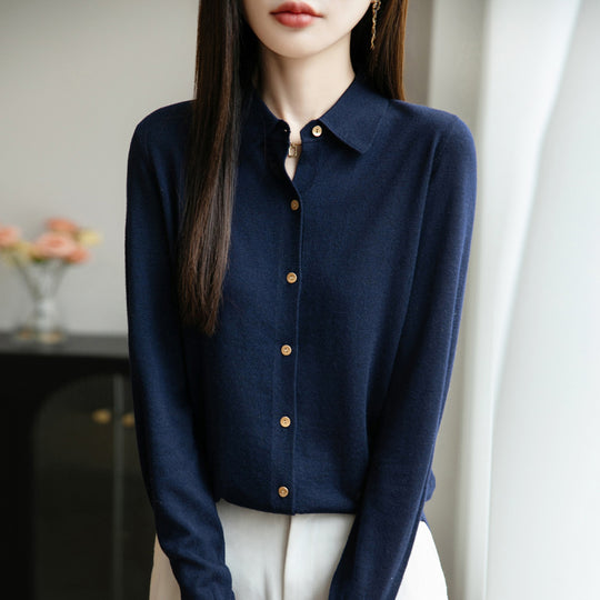 Damen weiche Wollbluse mit Knopfleiste EB
