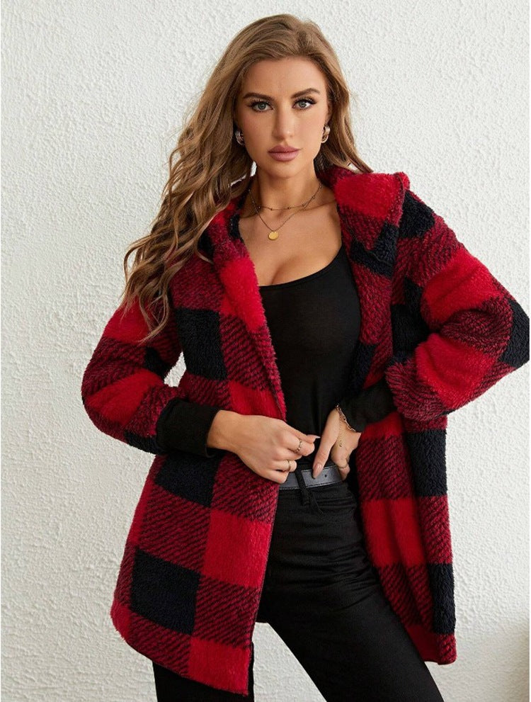 Damen Kuschelige Fleecejacke mit Karomuster und kapuziertem Design EB