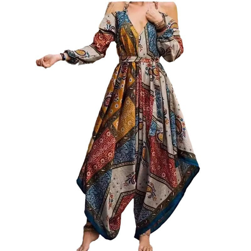 Damen Maxi-Kleid im Boho-Stil mit Cut-Out-Ärmeln und floralen Mustern EB