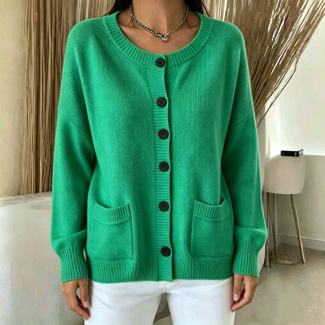 Damen Knopf-Cardigan mit Rundhals, aufgesetzten Taschen und Raglanärmeln EB