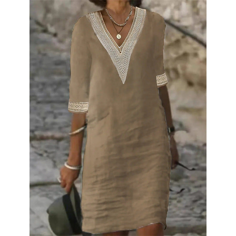 Damen Leichtes Leinen-Midikleid mit V-Ausschnitt und Häkelspitzenbesatz EB