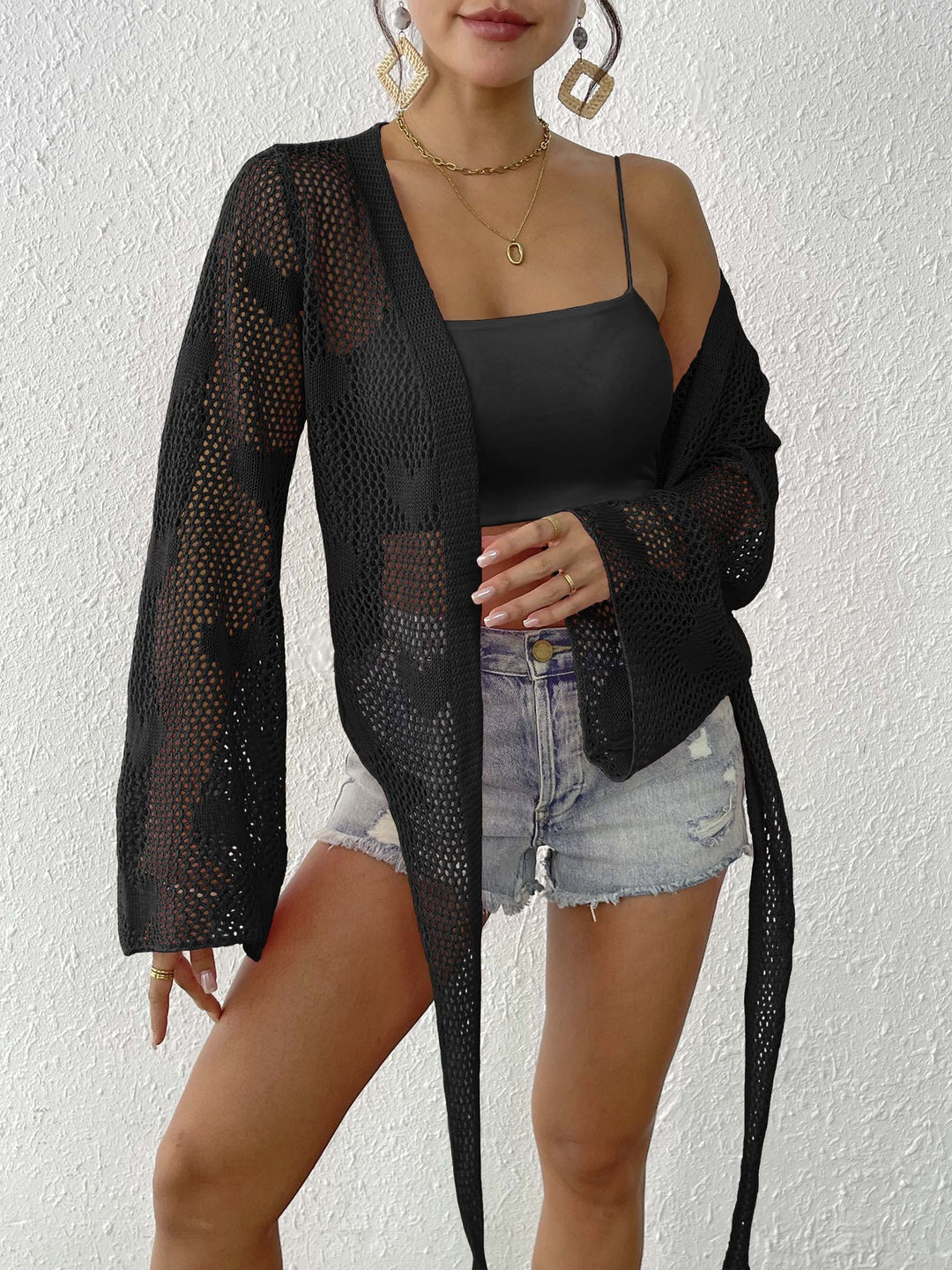 Damen luftiger Strick-Kimono mit offener Front und Kordelzug EB
