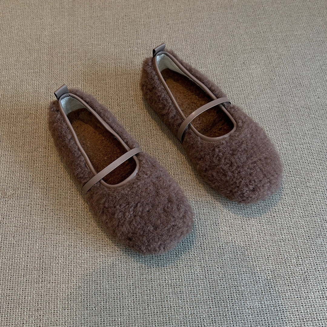 Damen Hausschuhe mit flauschigem Obermaterial und dekorativem Riemchen EB