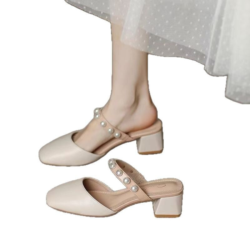 Damen Geschlossene Sandalen mit elegantem Blockabsatz und Perlenapplikationen EB