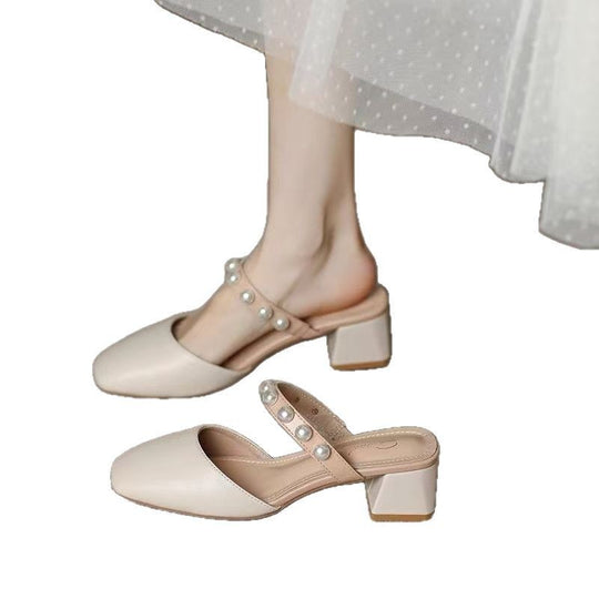 Damen Geschlossene Sandalen mit elegantem Blockabsatz und Perlenapplikationen EB