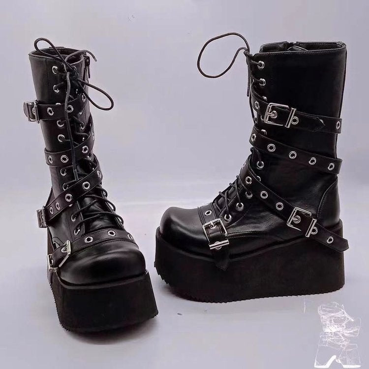 Damen Plateau-Stiefel mit robusten Schnallen und hochwertiger Leder-Oberfläche EB