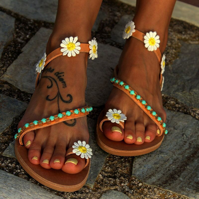 Damen Bunt verzierte Zehentrenner-Sandalen mit floralen Details und bequemer Sohle EB