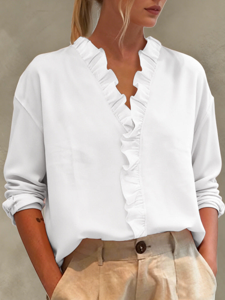 Damen Elegante V-Ausschnitt Bluse mit Volantbesatz und lockerem Oversize-Schnitt EB