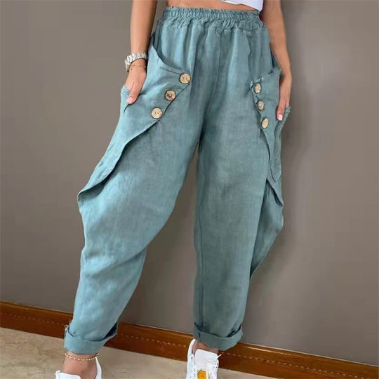 Damen lässige Sommerhose mit Knopfdetails und praktischen Seitentaschen EB