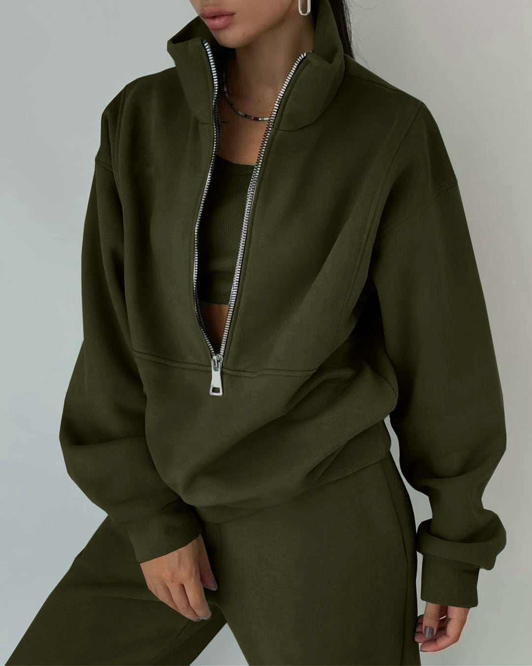 Damen Lässiger Oversized-Hoodie und Jogginghose Set mit Praktischem Reißverschluss EB