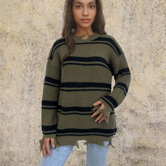 EB | Pullover Pullover Übergröße Fit Gestrickte Wolle Kontraststreifen Fransen Saum