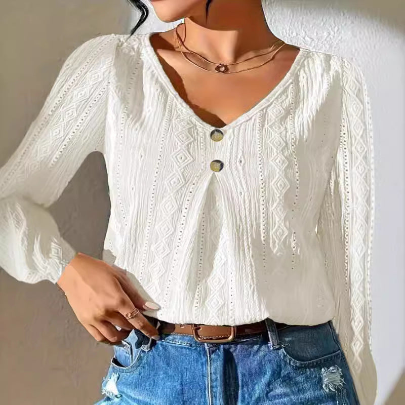 Damen Langarmshirt mit strukturierter Oberfläche und modischem V-Ausschnitt EB