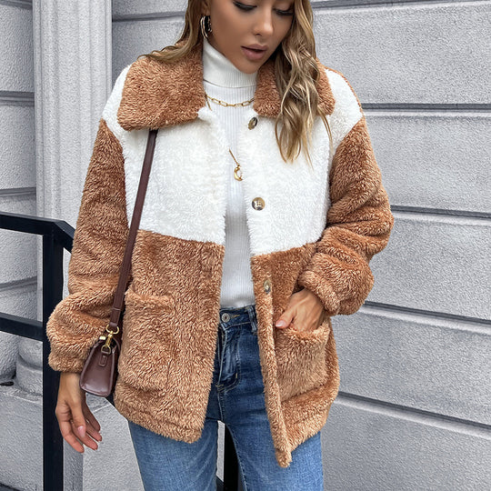 Damen Kunstfelljacke mit praktischen Taschen und modischem Farbblockdesign EB