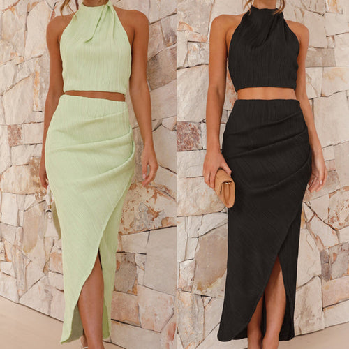 Damen Set aus Crop-Top und Hochgeschlitzt Maxirock EB