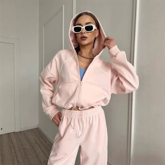 Damen kurzes Kapuzen-Sweatset mit Frontreißverschluss, kontrastierender Paspel und elastischer Highwaist-Jogger Eichborn Berlin