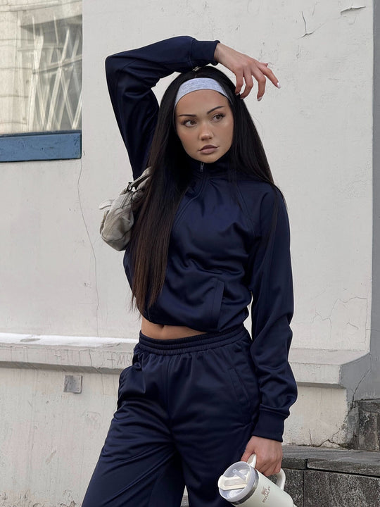 Damen Cropped-Trainingsjacke und hochtaillierte Jogginghose Set aus funktionalem Polyester EB