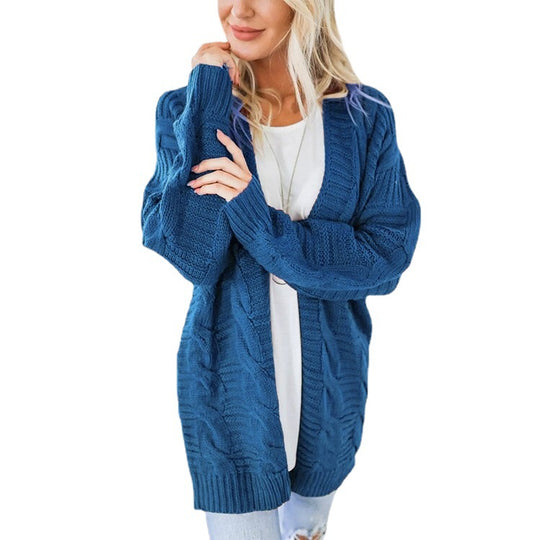 Damen nan langer oversize Strickcardigan mit Zopfmuster und V-Ausschnitt EB
