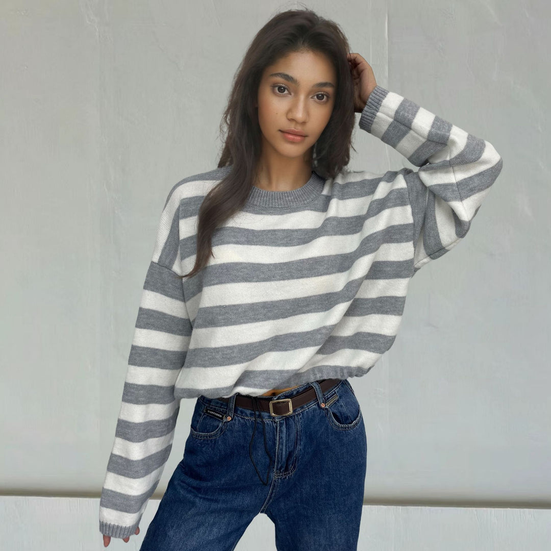 Damen lässiger Streifenpullover mit weitem Schnitt und Kordelzug EB