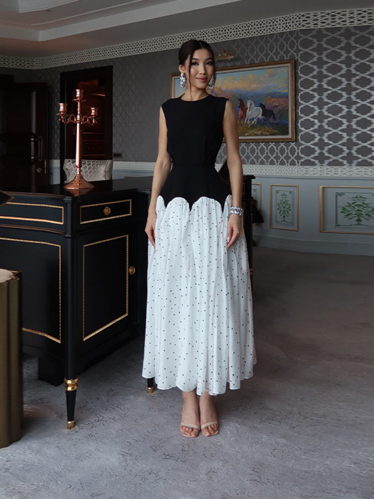 Damen elegantes Maxikleid mit gepunktetem Rockteil und tailliertem Oberteil EB