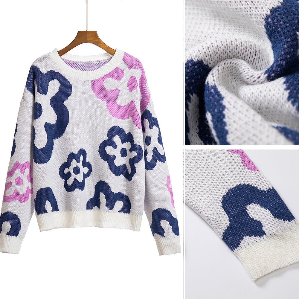 Damen Gemusterter Strickpullover mit floralen Motiven und lässigem Schnitt EB