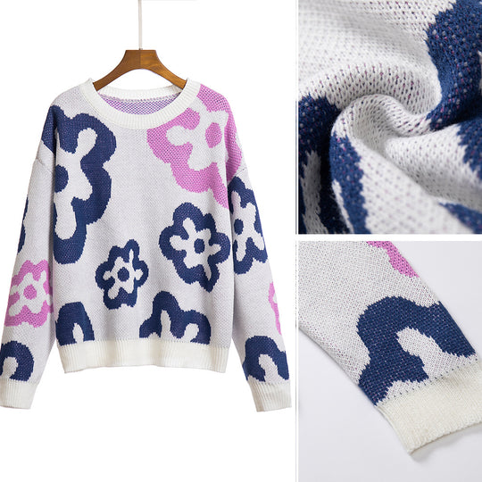 Damen Gemusterter Strickpullover mit floralen Motiven und lässigem Schnitt EB
