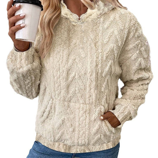 Damen nan kuscheliger Teddyfleece-Pullover mit Kängurutasche und leichtem Stehkragen EB
