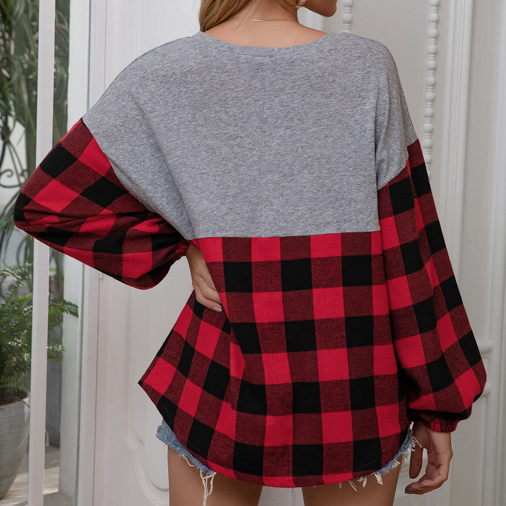 Damen lässiger Oversized Pullover mit Karomuster und voluminösen Ärmeln EB