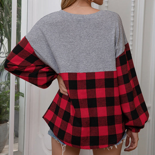 Damen lässiger Oversized Pullover mit Karomuster und voluminösen Ärmeln EB