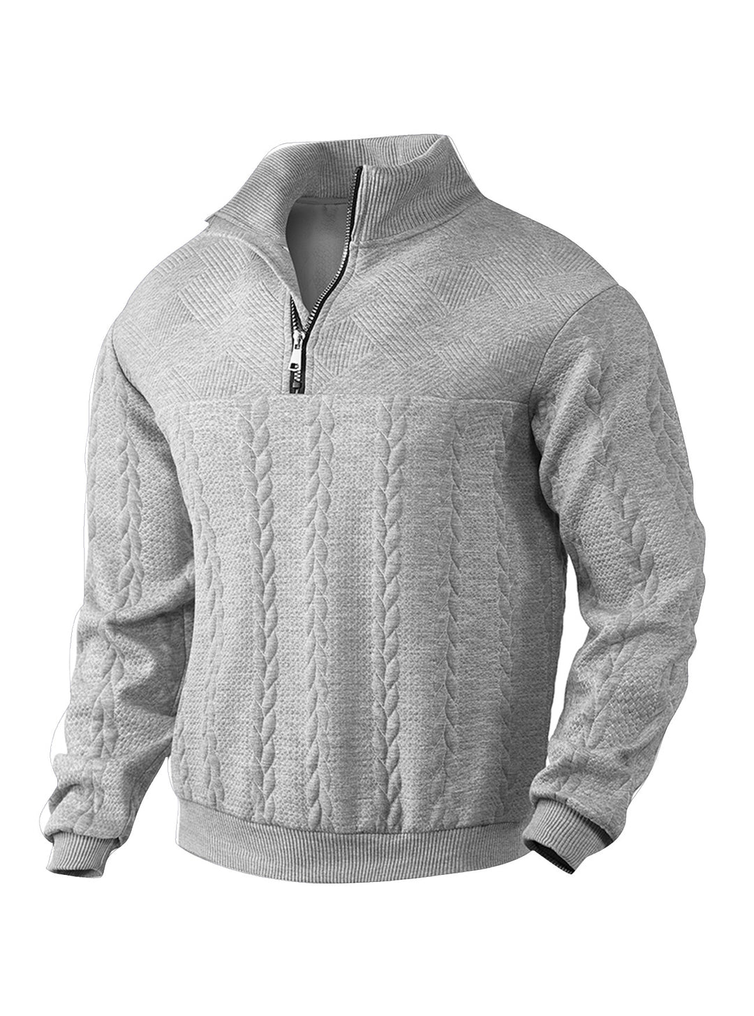 Herren nan texturierter Strickpullover mit Halbzip, geflochtenem Zopfmuster und hohem Stehkragen EB