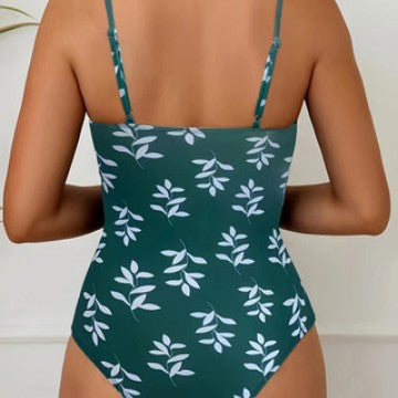 Damen Einteiler Badeanzug mit elegantem V-Ausschnitt und floralem Design EB